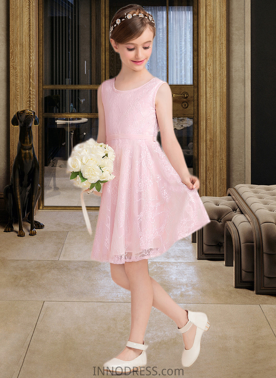 Tianna A-Line Scoop Neck Knee-Length Lace Junior Bridesmaid Dress With Sash Bow(s) DPP0013563