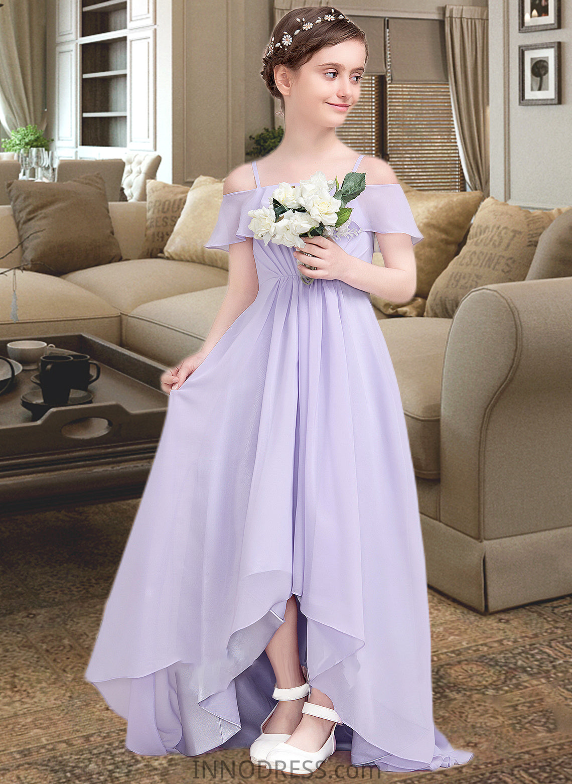 Valentina A-Line Off-the-Shoulder Asymmetrical Chiffon Junior Bridesmaid Dress With Cascading Ruffles DPP0013566