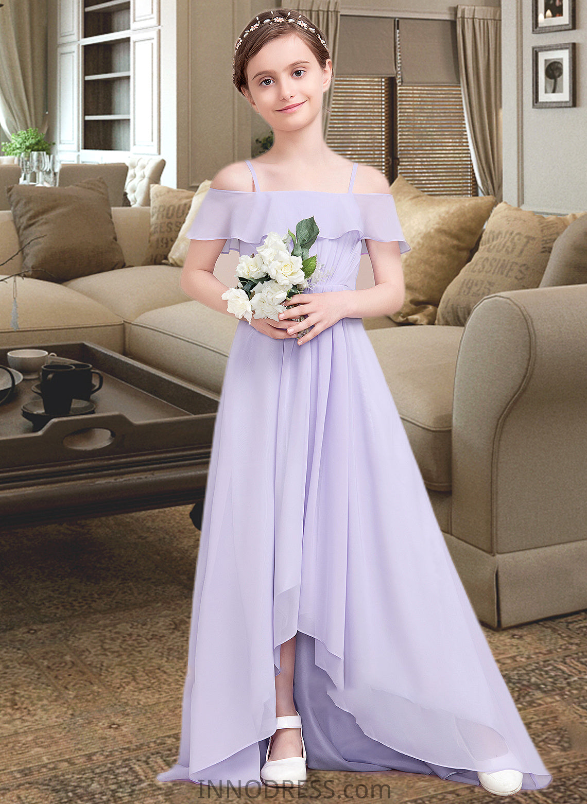 Valentina A-Line Off-the-Shoulder Asymmetrical Chiffon Junior Bridesmaid Dress With Cascading Ruffles DPP0013566