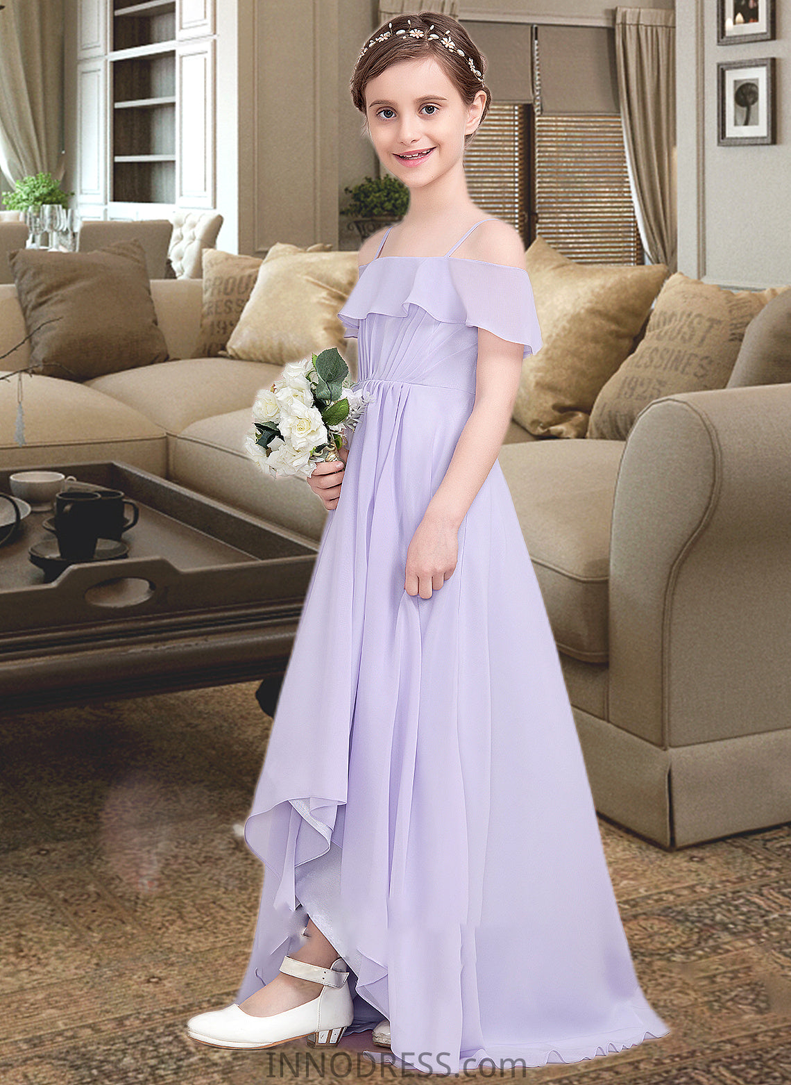 Valentina A-Line Off-the-Shoulder Asymmetrical Chiffon Junior Bridesmaid Dress With Cascading Ruffles DPP0013566