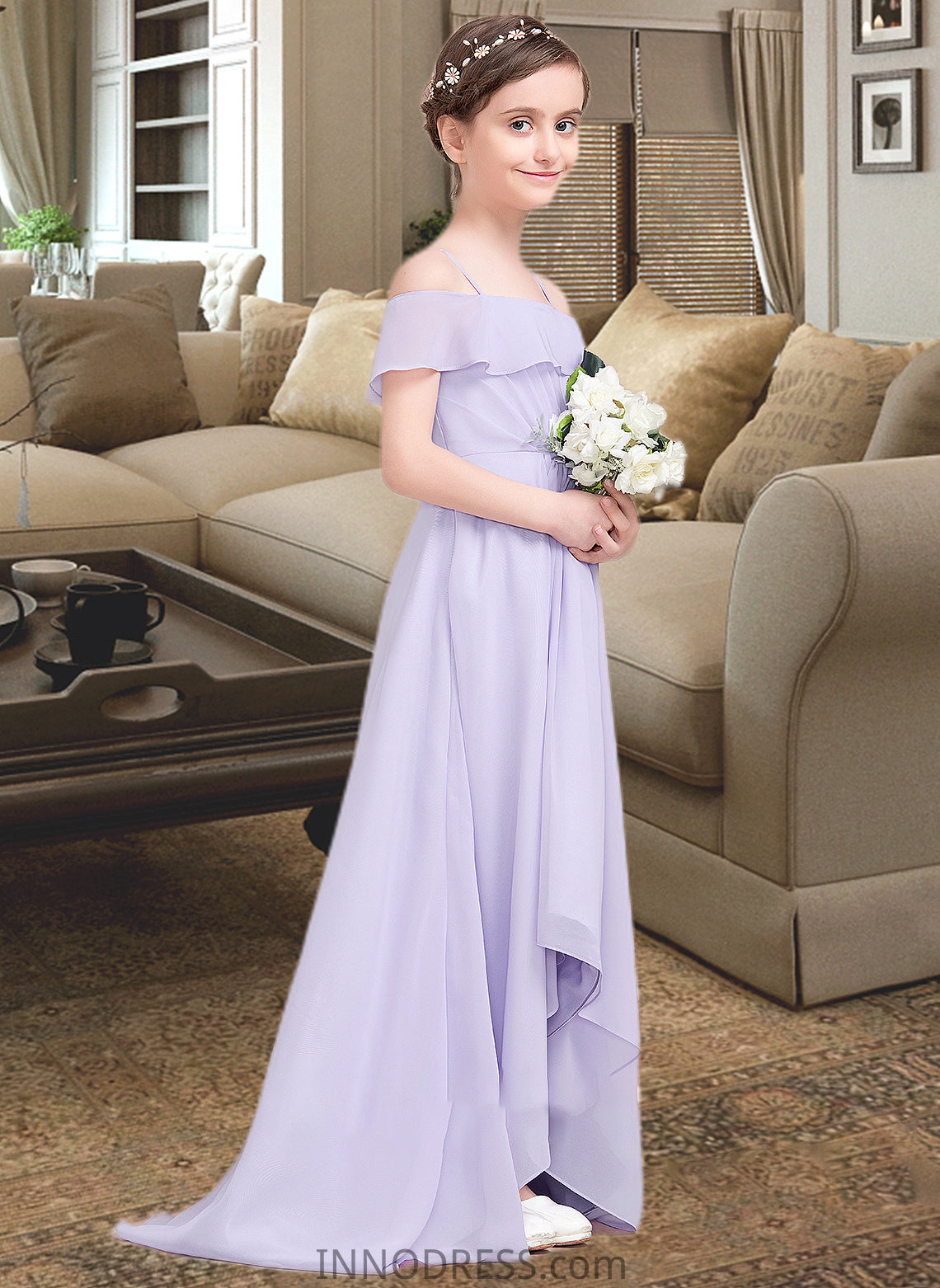 Valentina A-Line Off-the-Shoulder Asymmetrical Chiffon Junior Bridesmaid Dress With Cascading Ruffles DPP0013566