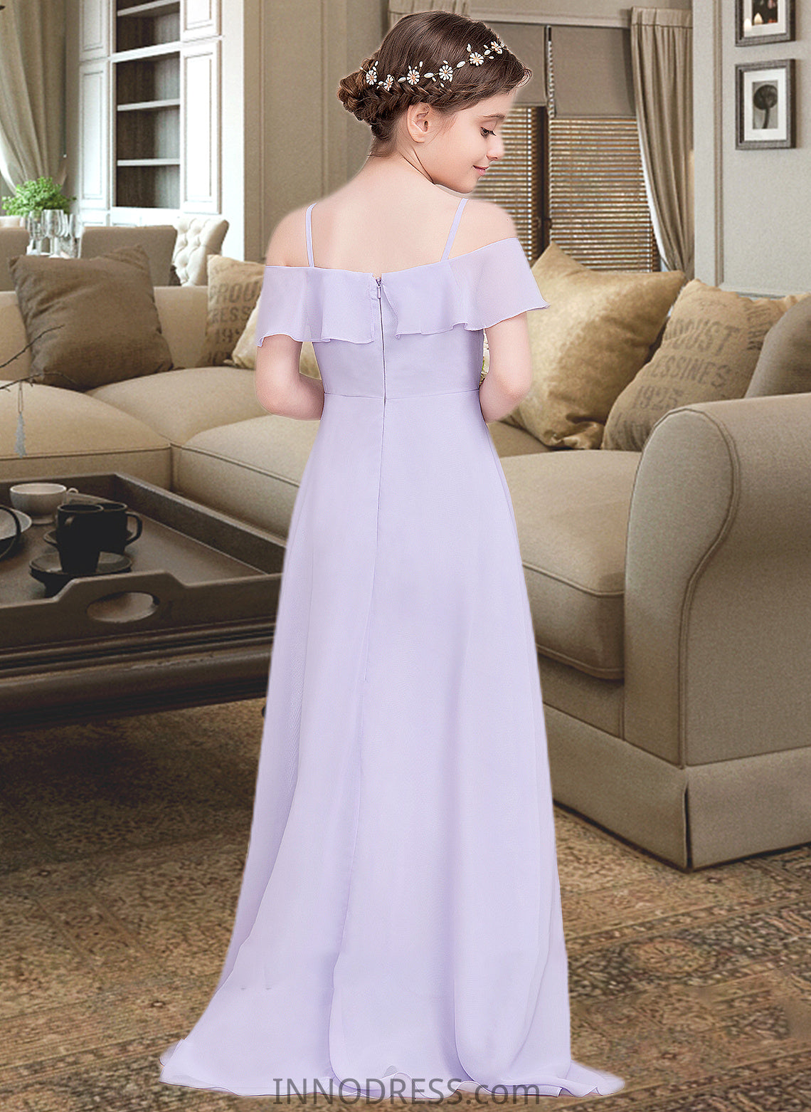 Valentina A-Line Off-the-Shoulder Asymmetrical Chiffon Junior Bridesmaid Dress With Cascading Ruffles DPP0013566