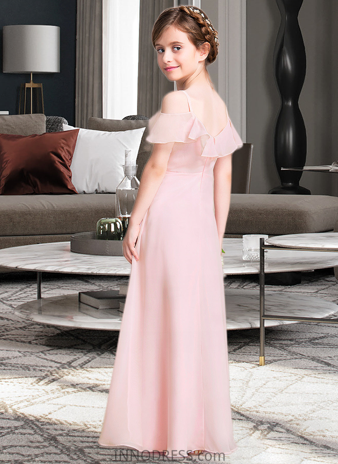 Deanna A-Line V-neck Floor-Length Chiffon Junior Bridesmaid Dress With Cascading Ruffles DPP0013567