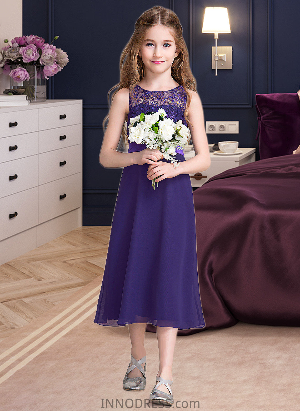 Katrina A-Line Scoop Neck Tea-Length Chiffon Junior Bridesmaid Dress DPP0013569