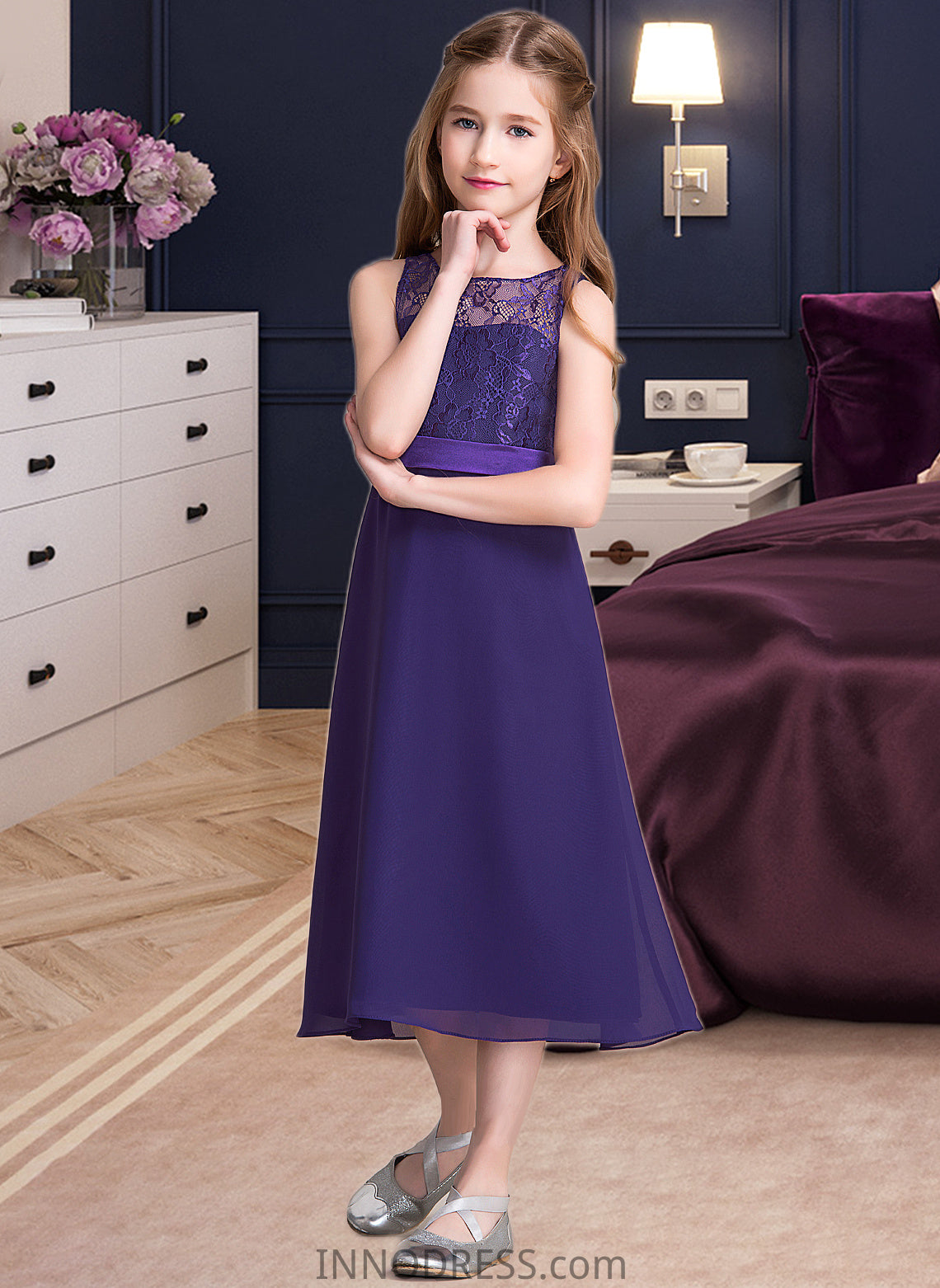 Katrina A-Line Scoop Neck Tea-Length Chiffon Junior Bridesmaid Dress DPP0013569