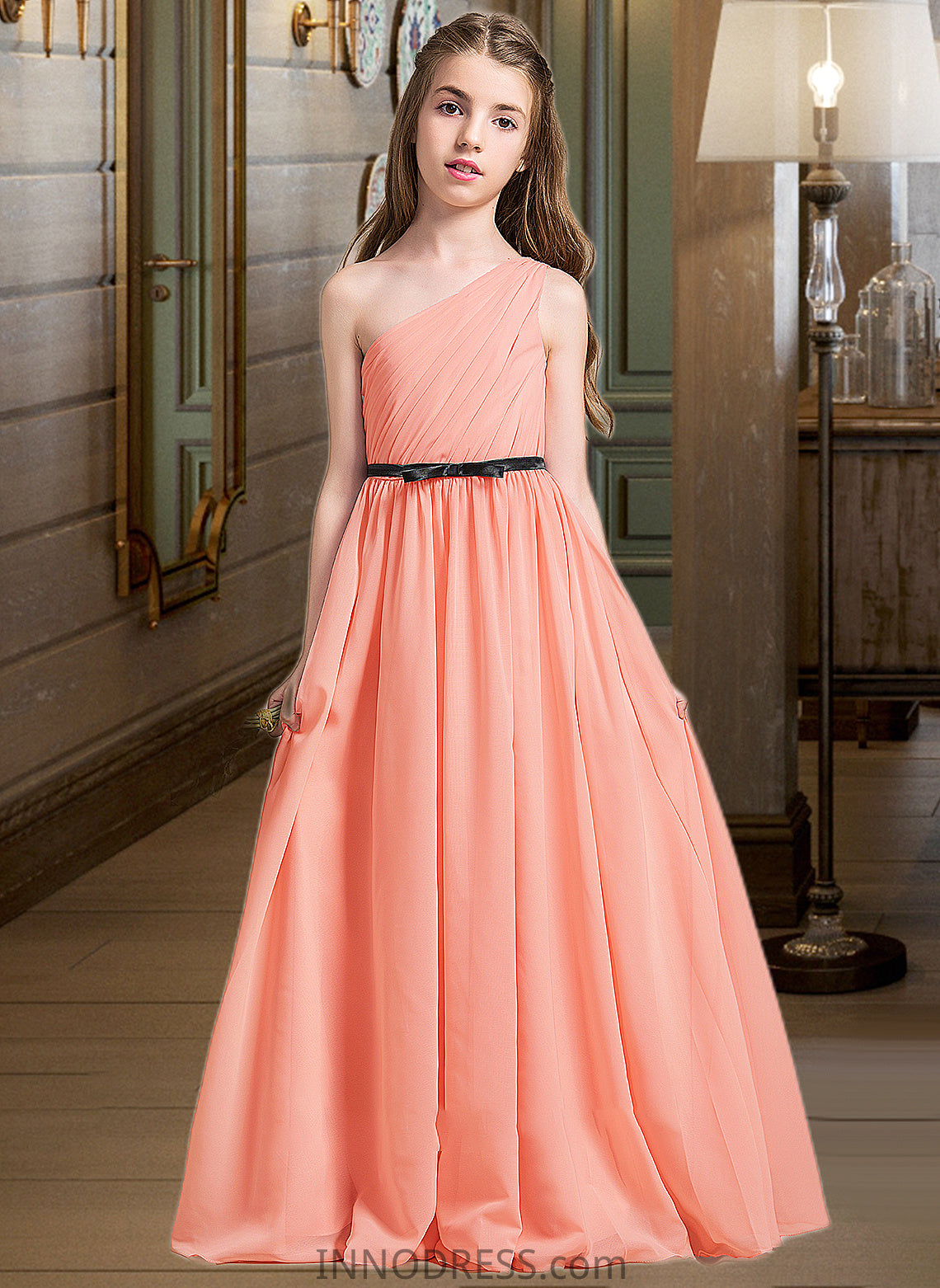 Deborah A-Line One-Shoulder Floor-Length Chiffon Junior Bridesmaid Dress With Ruffle Bow(s) DPP0013570