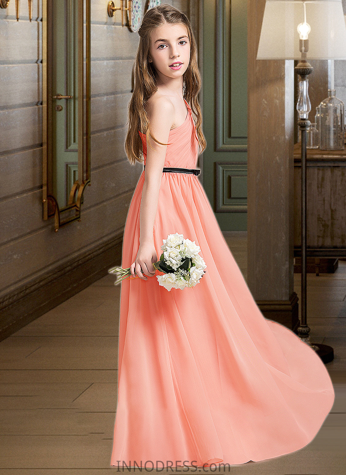 Deborah A-Line One-Shoulder Floor-Length Chiffon Junior Bridesmaid Dress With Ruffle Bow(s) DPP0013570