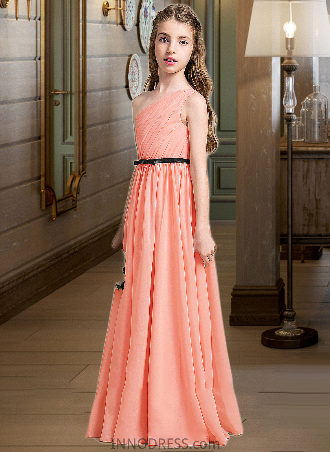 Deborah A-Line One-Shoulder Floor-Length Chiffon Junior Bridesmaid Dress With Ruffle Bow(s) DPP0013570