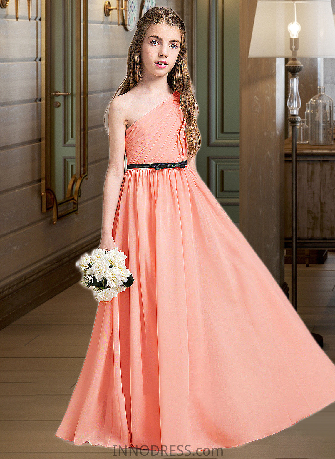 Deborah A-Line One-Shoulder Floor-Length Chiffon Junior Bridesmaid Dress With Ruffle Bow(s) DPP0013570