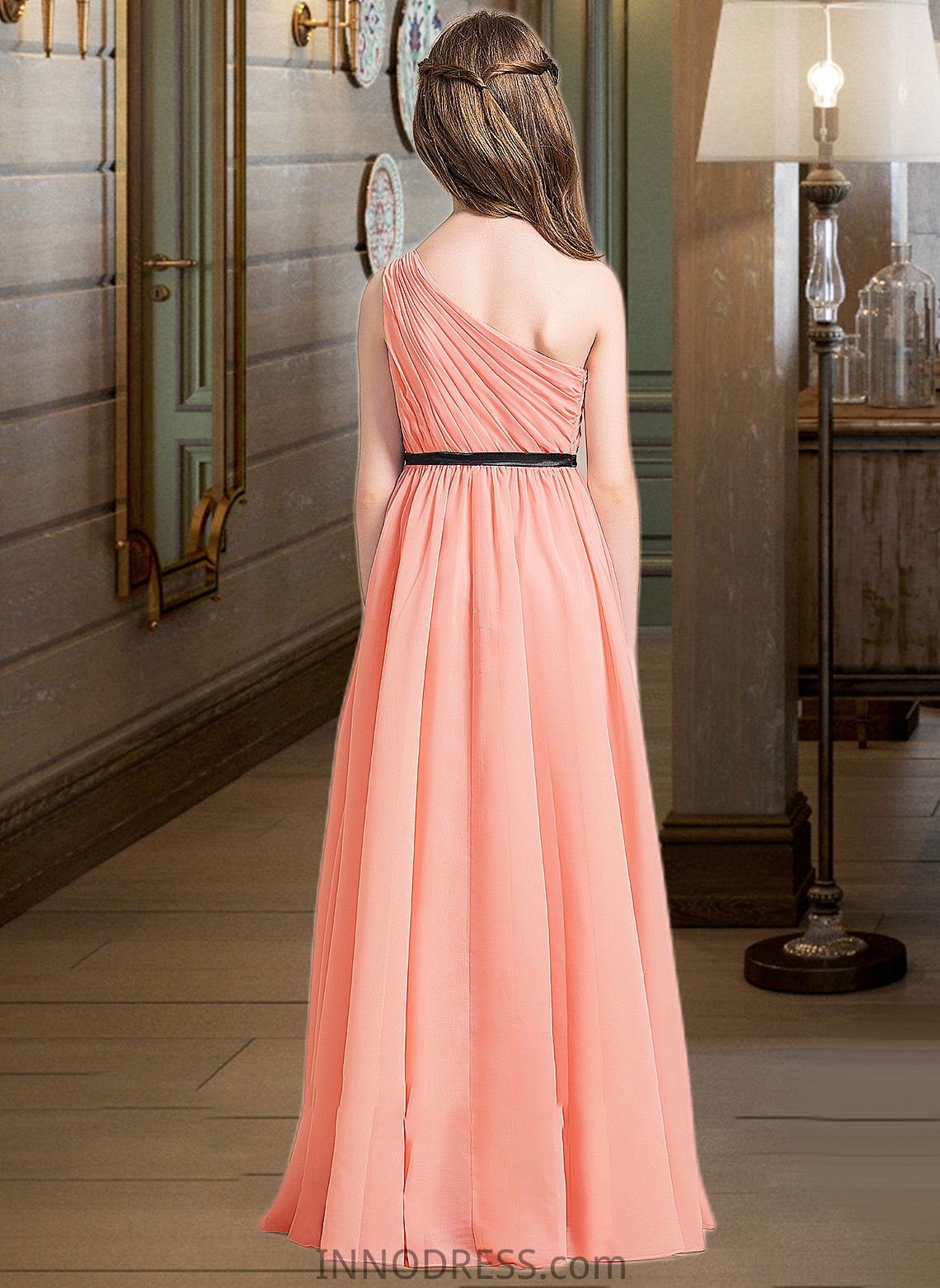 Deborah A-Line One-Shoulder Floor-Length Chiffon Junior Bridesmaid Dress With Ruffle Bow(s) DPP0013570