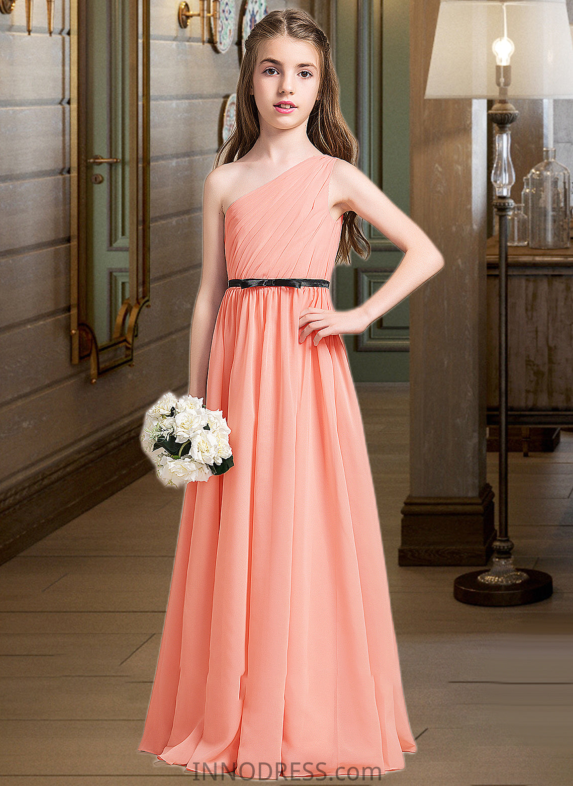 Deborah A-Line One-Shoulder Floor-Length Chiffon Junior Bridesmaid Dress With Ruffle Bow(s) DPP0013570