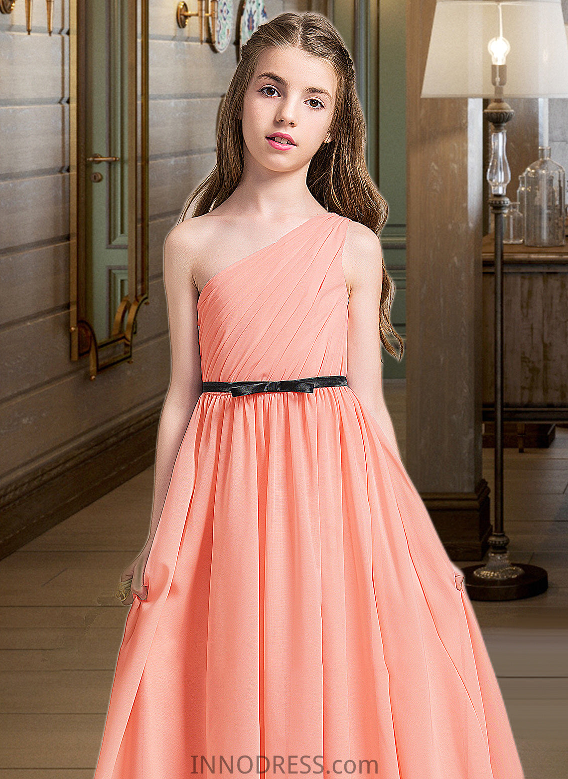 Deborah A-Line One-Shoulder Floor-Length Chiffon Junior Bridesmaid Dress With Ruffle Bow(s) DPP0013570