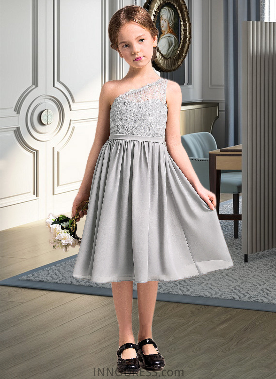 Keira A-Line One-Shoulder Knee-Length Chiffon Lace Junior Bridesmaid Dress DPP0013571