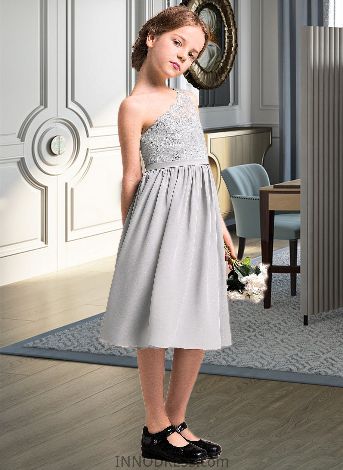 Keira A-Line One-Shoulder Knee-Length Chiffon Lace Junior Bridesmaid Dress DPP0013571