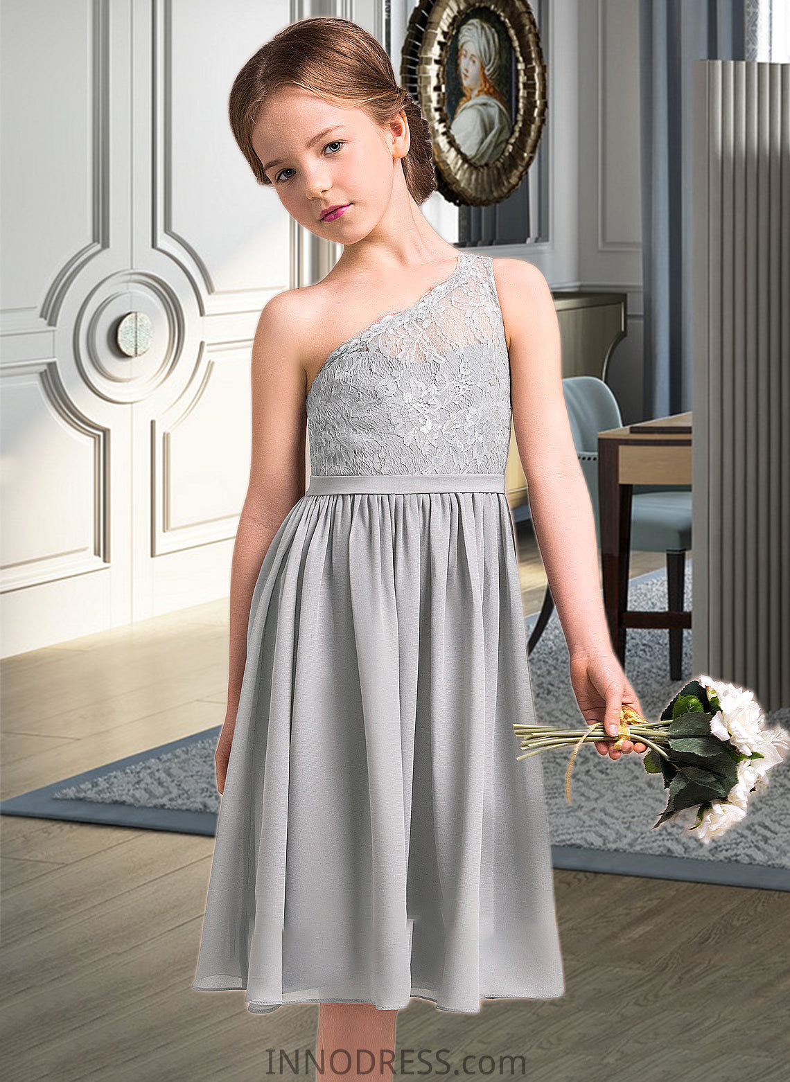 Keira A-Line One-Shoulder Knee-Length Chiffon Lace Junior Bridesmaid Dress DPP0013571