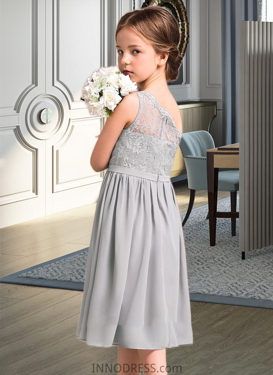 Keira A-Line One-Shoulder Knee-Length Chiffon Lace Junior Bridesmaid Dress DPP0013571