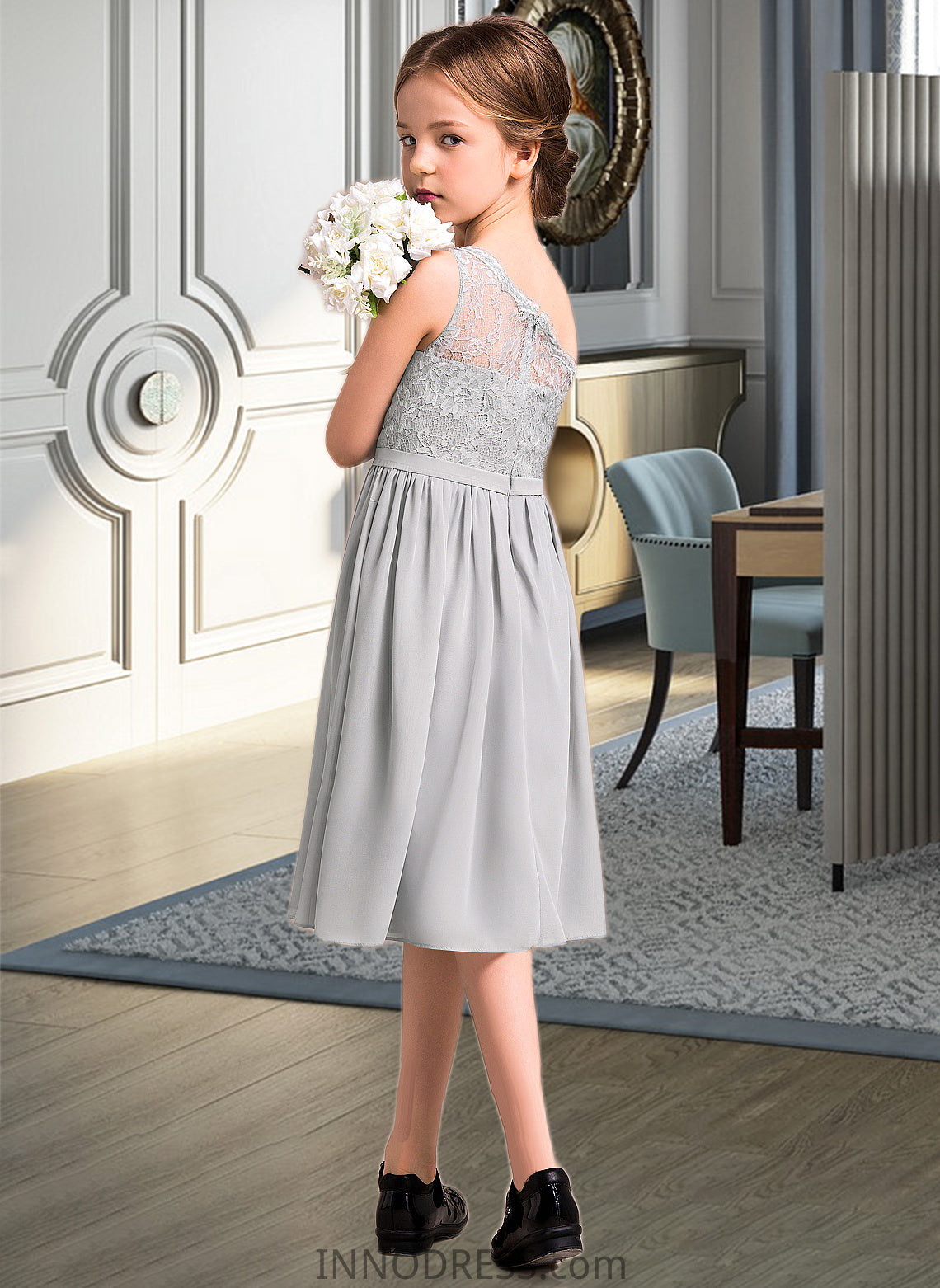 Keira A-Line One-Shoulder Knee-Length Chiffon Lace Junior Bridesmaid Dress DPP0013571