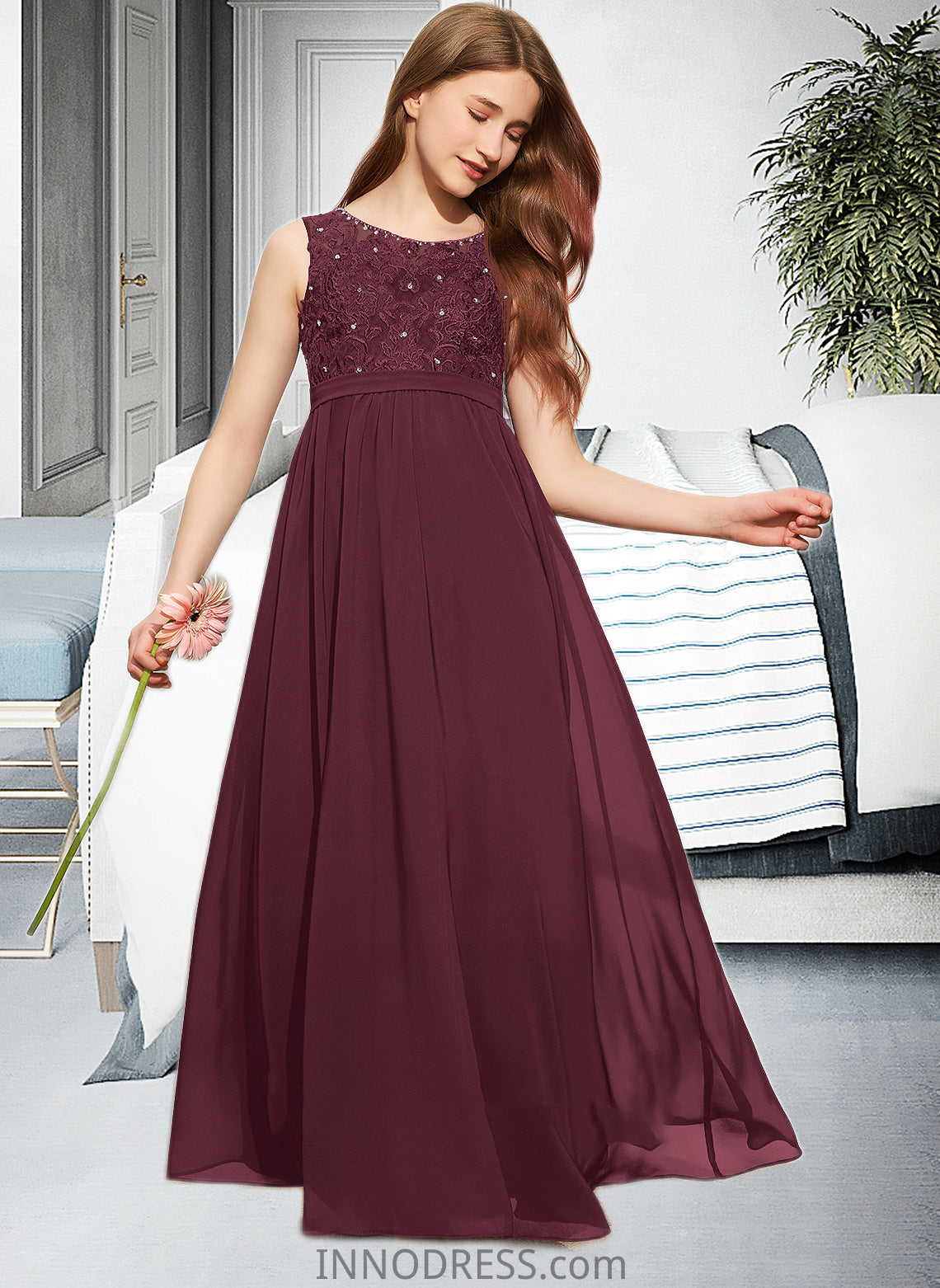 Chelsea A-Line Scoop Neck Floor-Length Chiffon Lace Junior Bridesmaid Dress With Beading Sequins DPP0013572