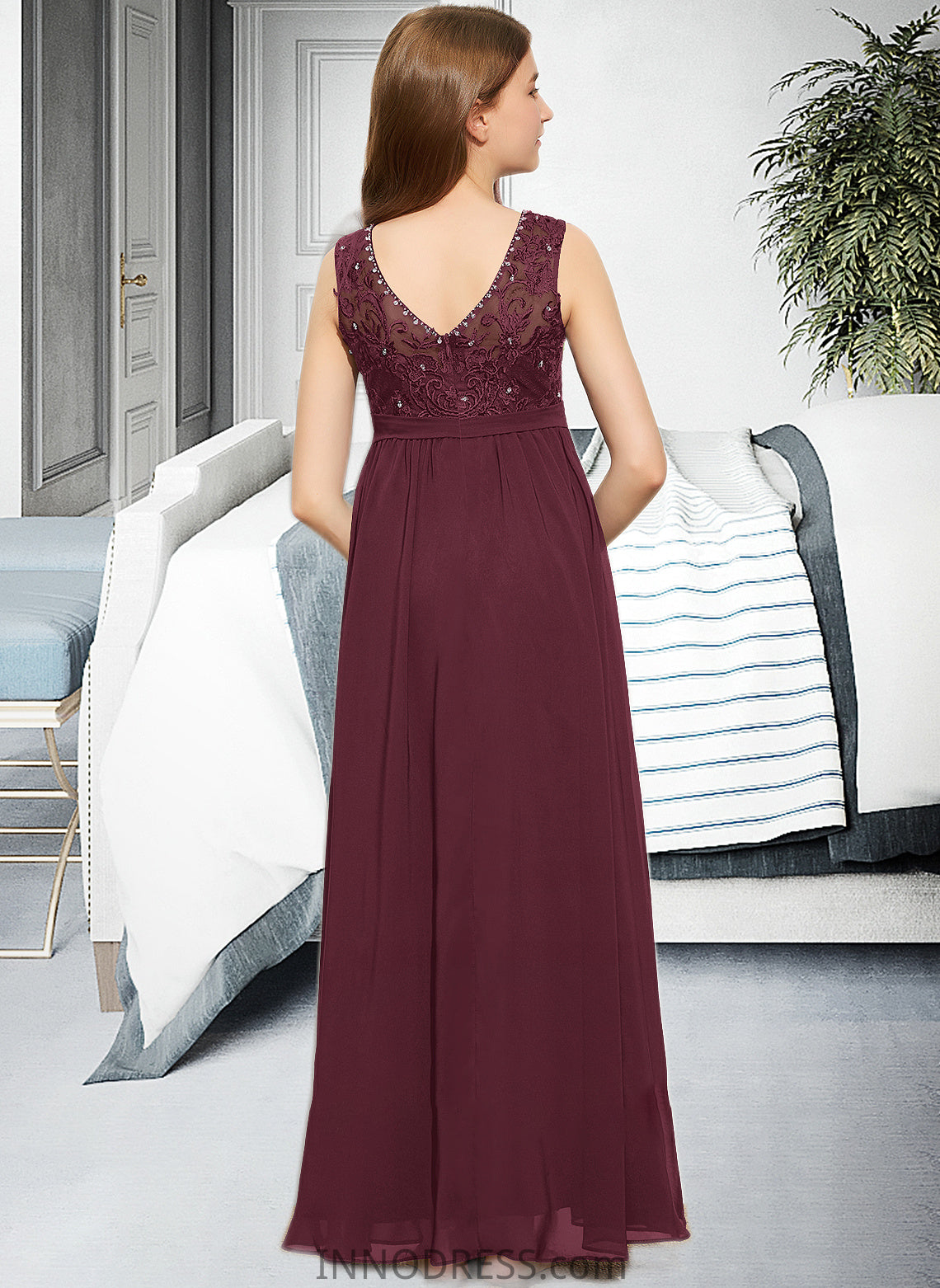 Chelsea A-Line Scoop Neck Floor-Length Chiffon Lace Junior Bridesmaid Dress With Beading Sequins DPP0013572