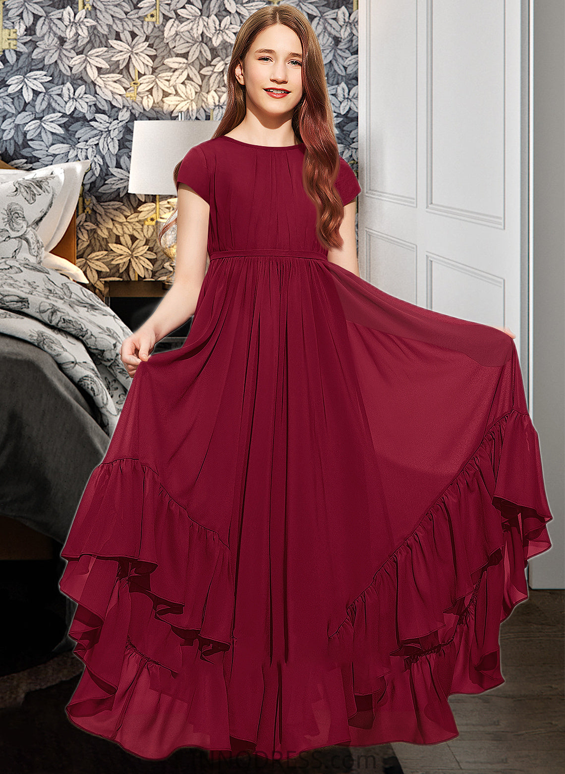 Melody A-Line Scoop Neck Floor-Length Chiffon Junior Bridesmaid Dress With Appliques Lace Bow(s) Cascading Ruffles DPP0013573