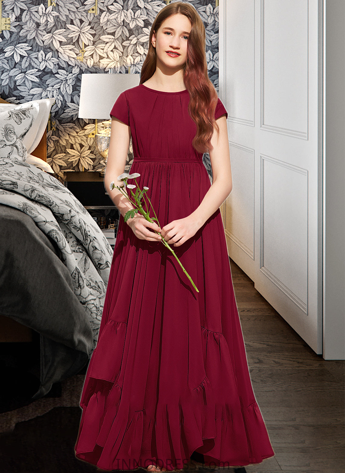 Melody A-Line Scoop Neck Floor-Length Chiffon Junior Bridesmaid Dress With Appliques Lace Bow(s) Cascading Ruffles DPP0013573