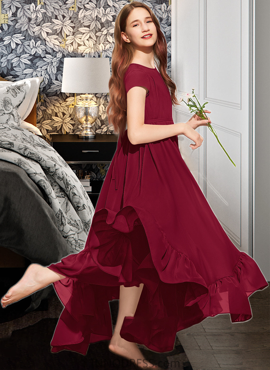 Melody A-Line Scoop Neck Floor-Length Chiffon Junior Bridesmaid Dress With Appliques Lace Bow(s) Cascading Ruffles DPP0013573