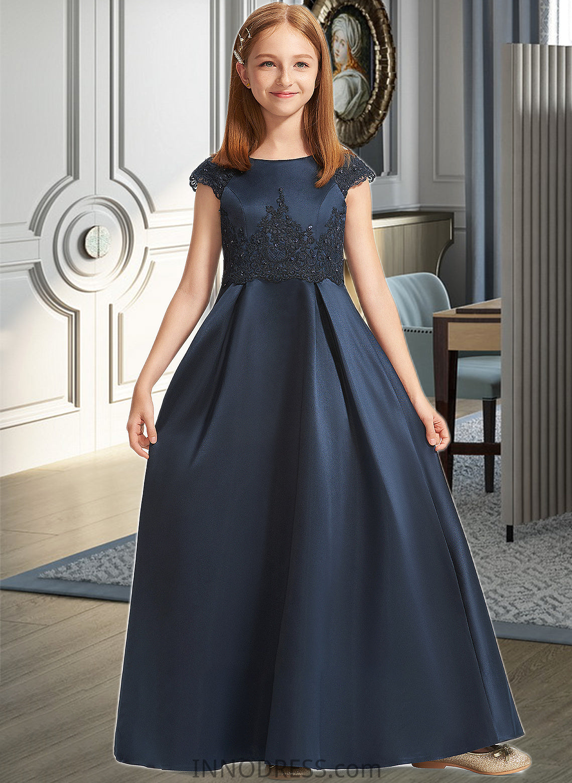 Priscilla A-Line Scoop Neck Floor-Length Satin Lace Junior Bridesmaid Dress With Beading Sequins Bow(s) DPP0013574