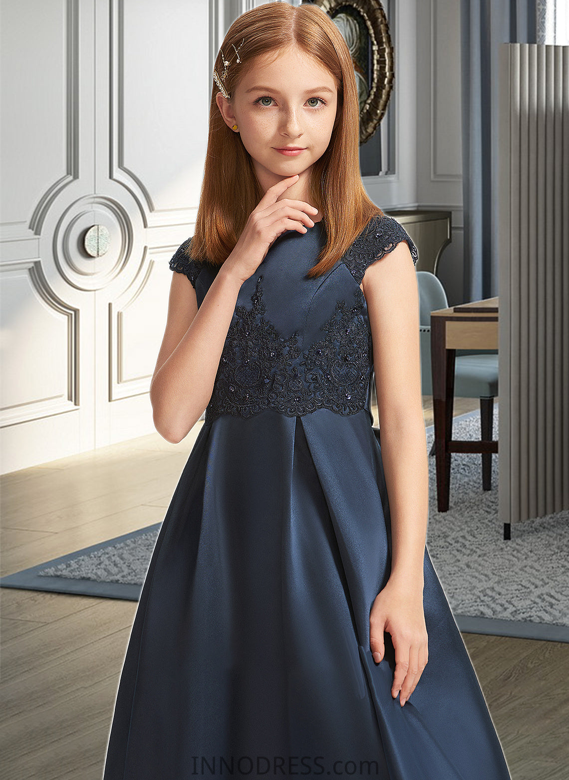 Priscilla A-Line Scoop Neck Floor-Length Satin Lace Junior Bridesmaid Dress With Beading Sequins Bow(s) DPP0013574