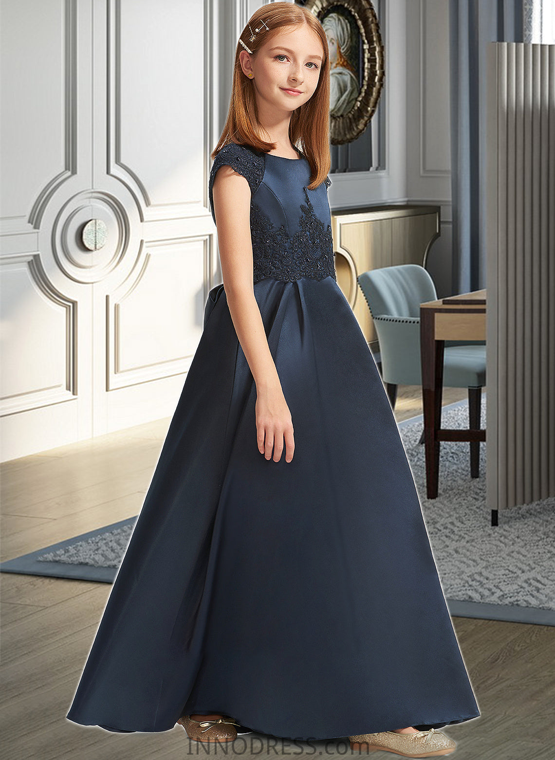 Priscilla A-Line Scoop Neck Floor-Length Satin Lace Junior Bridesmaid Dress With Beading Sequins Bow(s) DPP0013574