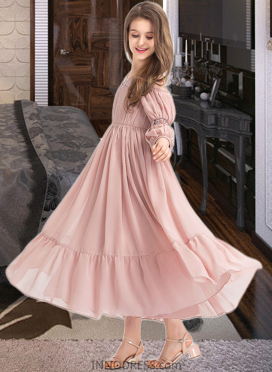 Selah A-Line Square Neckline Ankle-Length Chiffon Junior Bridesmaid Dress With Ruffle Lace DPP0013575