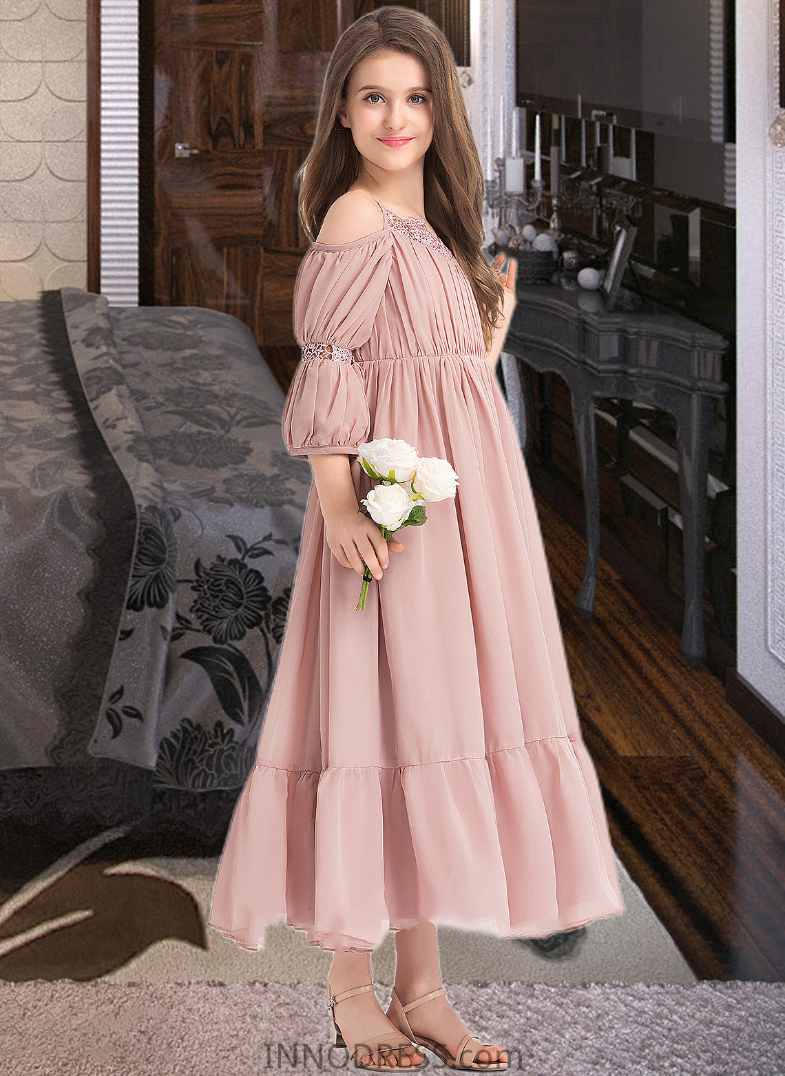 Selah A-Line Square Neckline Ankle-Length Chiffon Junior Bridesmaid Dress With Ruffle Lace DPP0013575