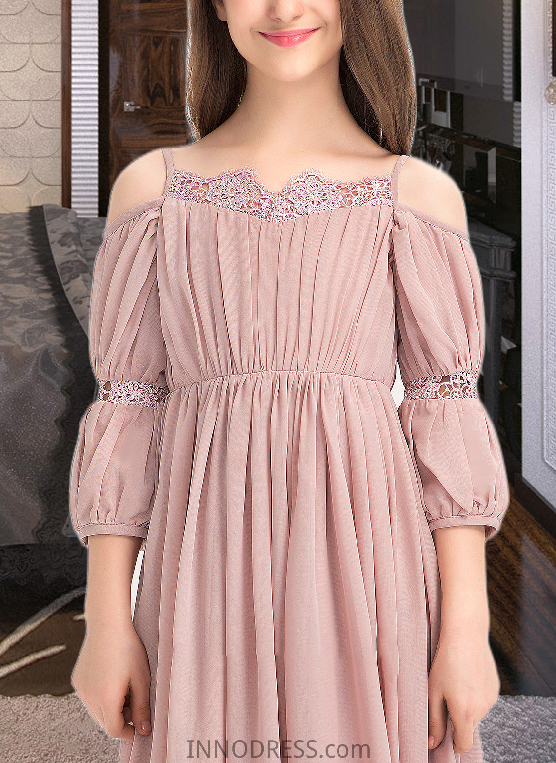 Selah A-Line Square Neckline Ankle-Length Chiffon Junior Bridesmaid Dress With Ruffle Lace DPP0013575