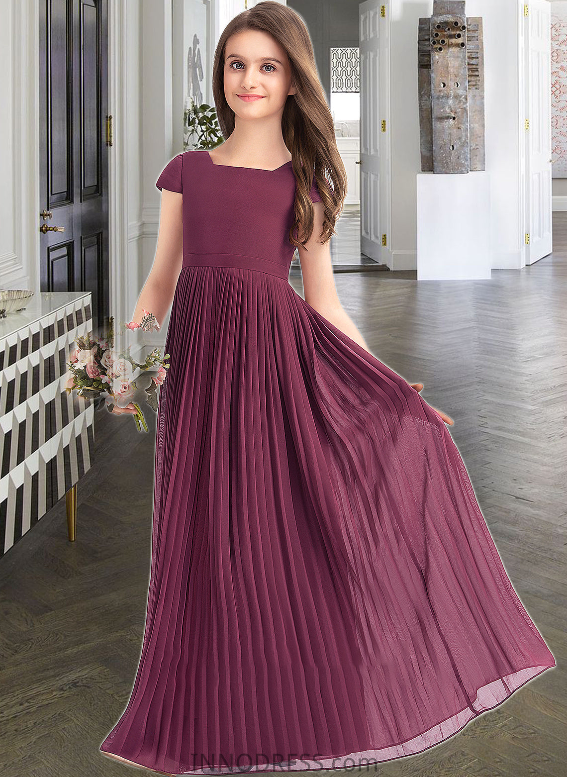 Paula A-Line Square Neckline Floor-Length Chiffon Junior Bridesmaid Dress With Lace Bow(s) Pleated DPP0013576