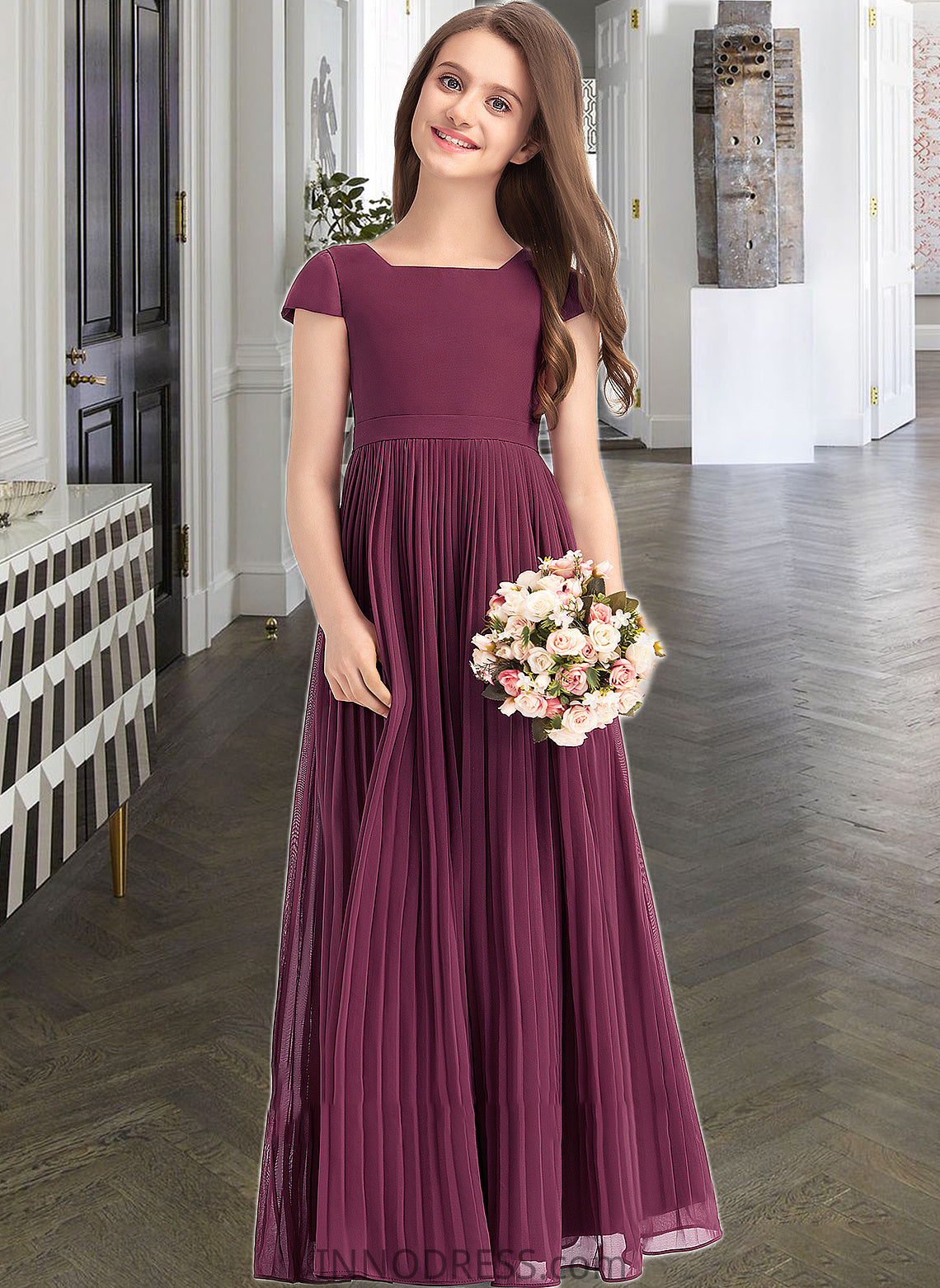 Paula A-Line Square Neckline Floor-Length Chiffon Junior Bridesmaid Dress With Lace Bow(s) Pleated DPP0013576