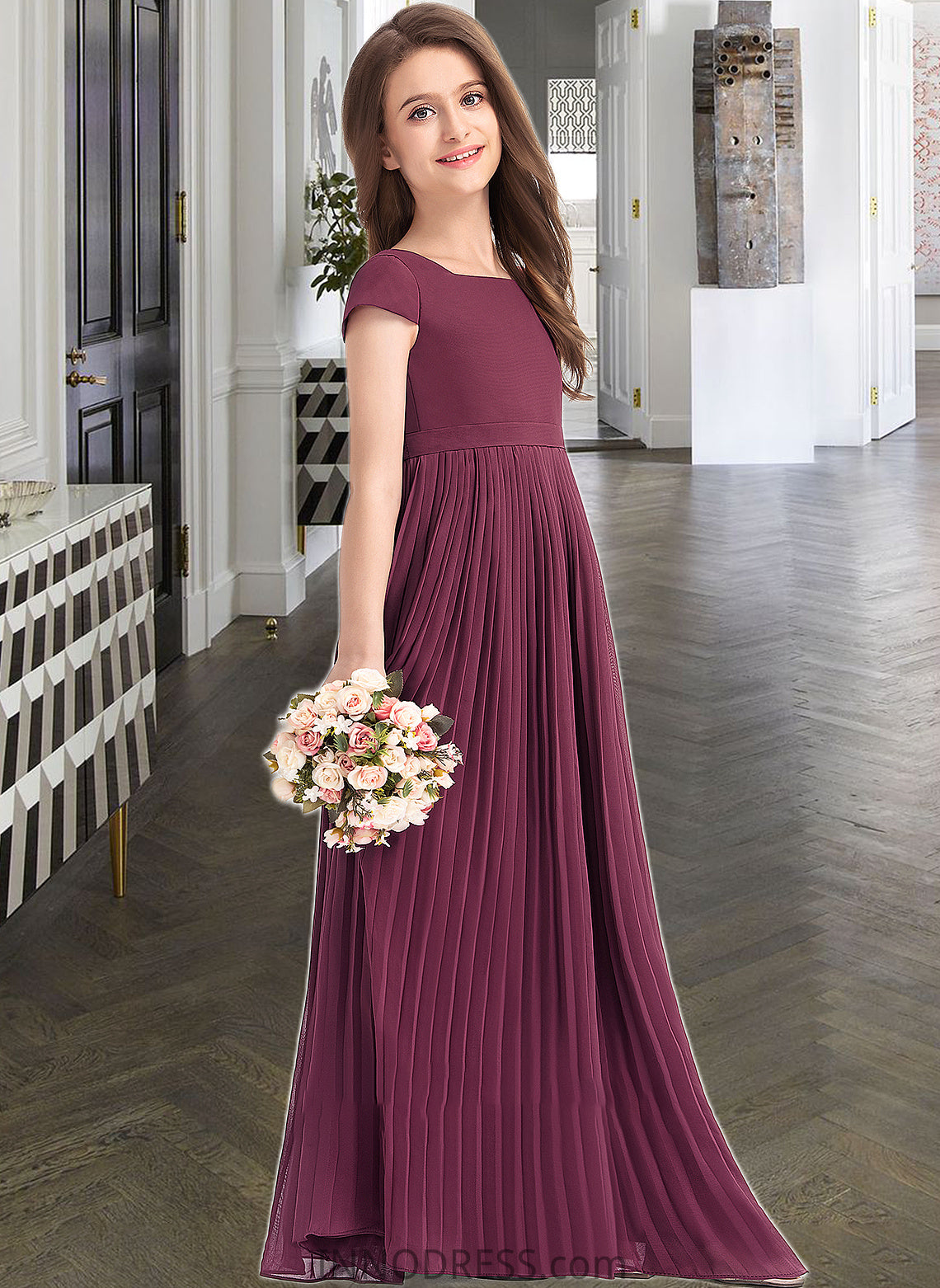 Paula A-Line Square Neckline Floor-Length Chiffon Junior Bridesmaid Dress With Lace Bow(s) Pleated DPP0013576