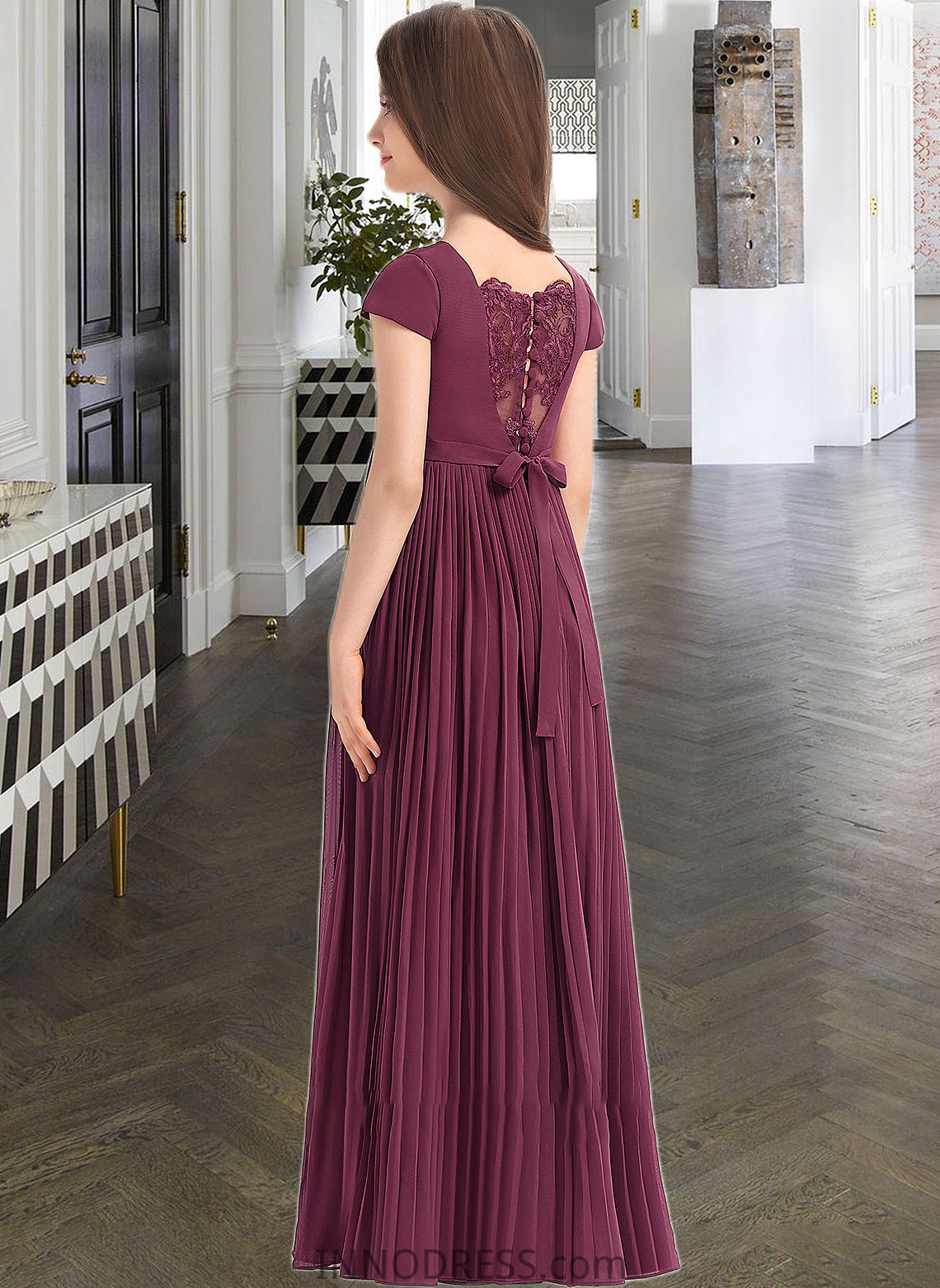 Paula A-Line Square Neckline Floor-Length Chiffon Junior Bridesmaid Dress With Lace Bow(s) Pleated DPP0013576