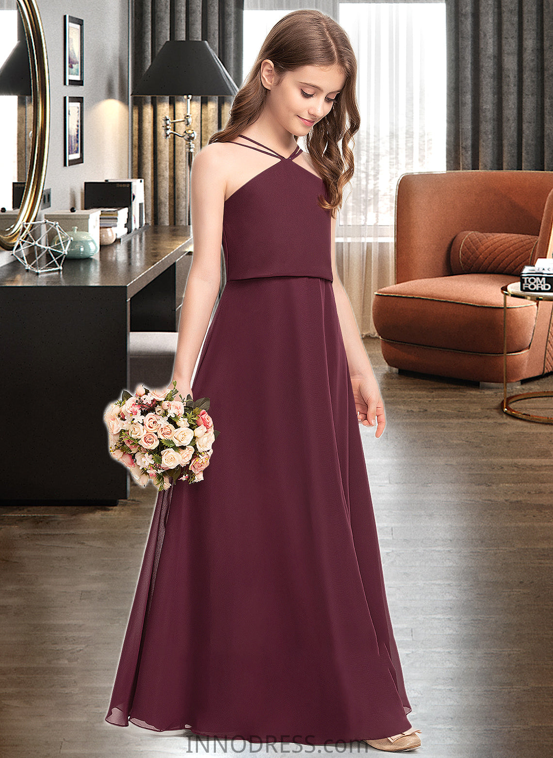 Ada A-Line V-neck Floor-Length Chiffon Junior Bridesmaid Dress DPP0013577