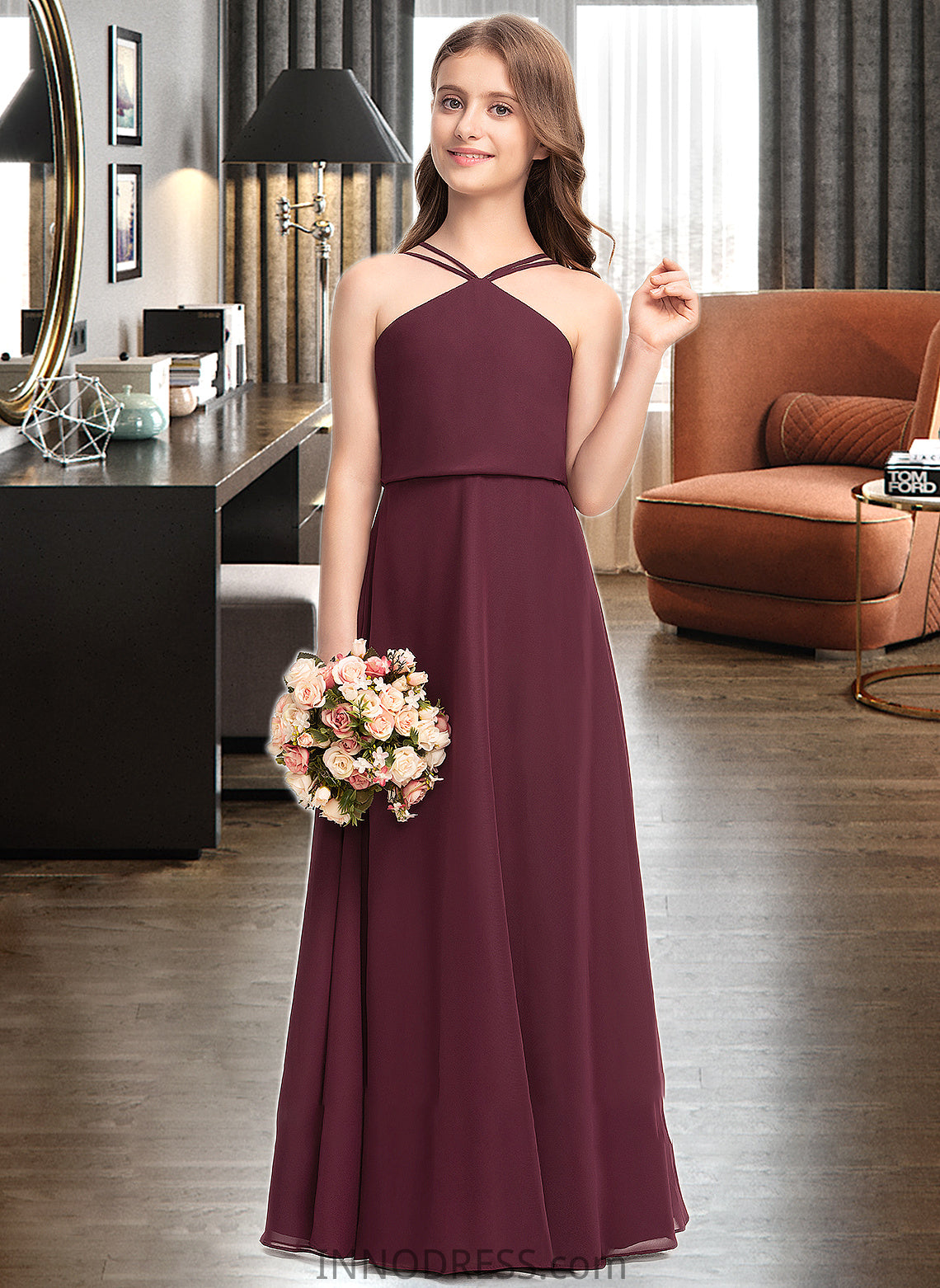 Ada A-Line V-neck Floor-Length Chiffon Junior Bridesmaid Dress DPP0013577