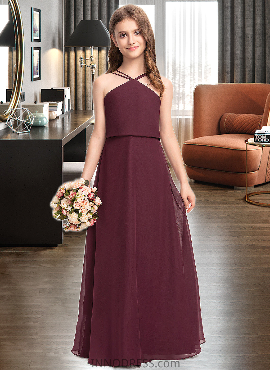 Ada A-Line V-neck Floor-Length Chiffon Junior Bridesmaid Dress DPP0013577