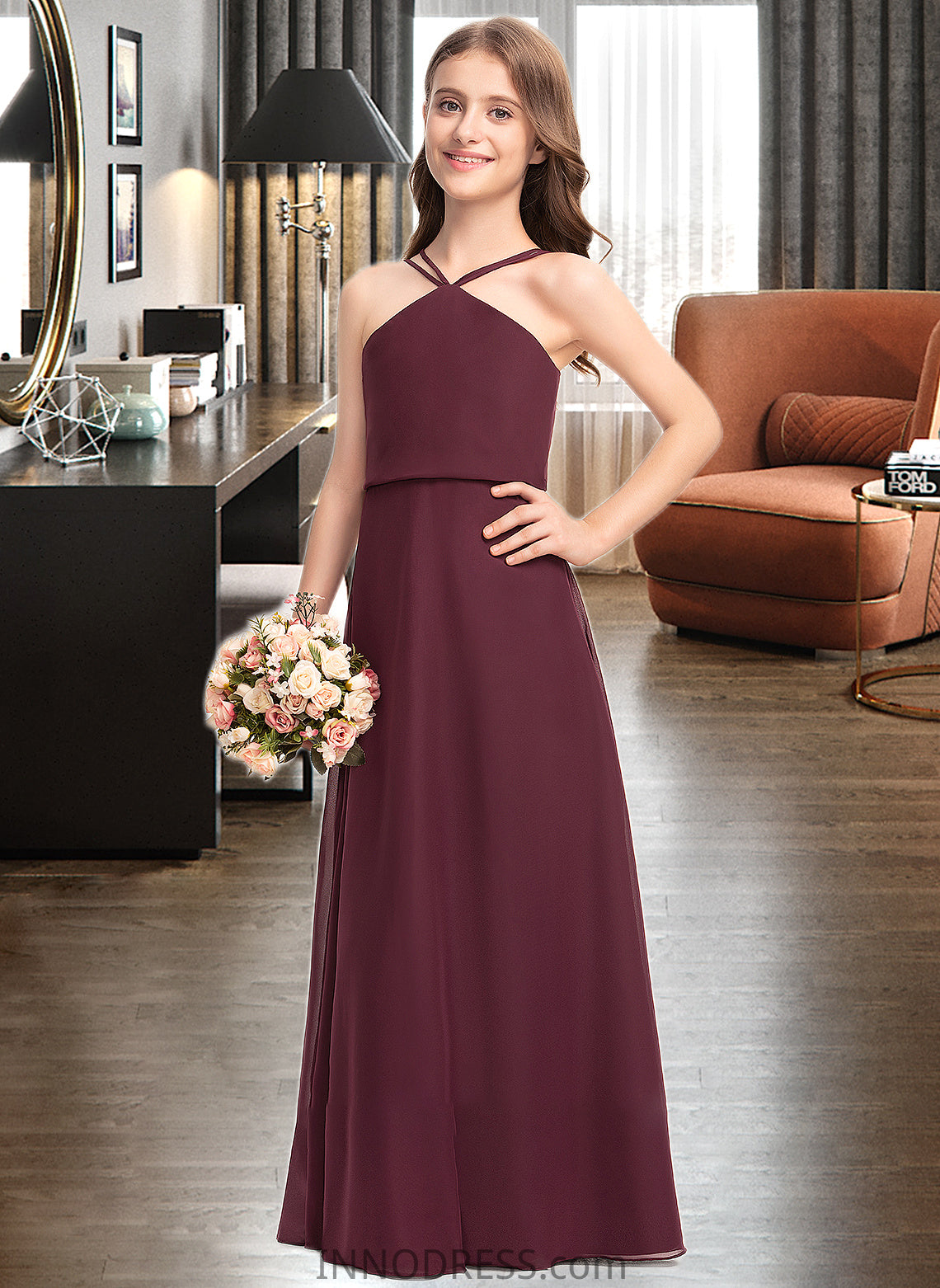 Ada A-Line V-neck Floor-Length Chiffon Junior Bridesmaid Dress DPP0013577