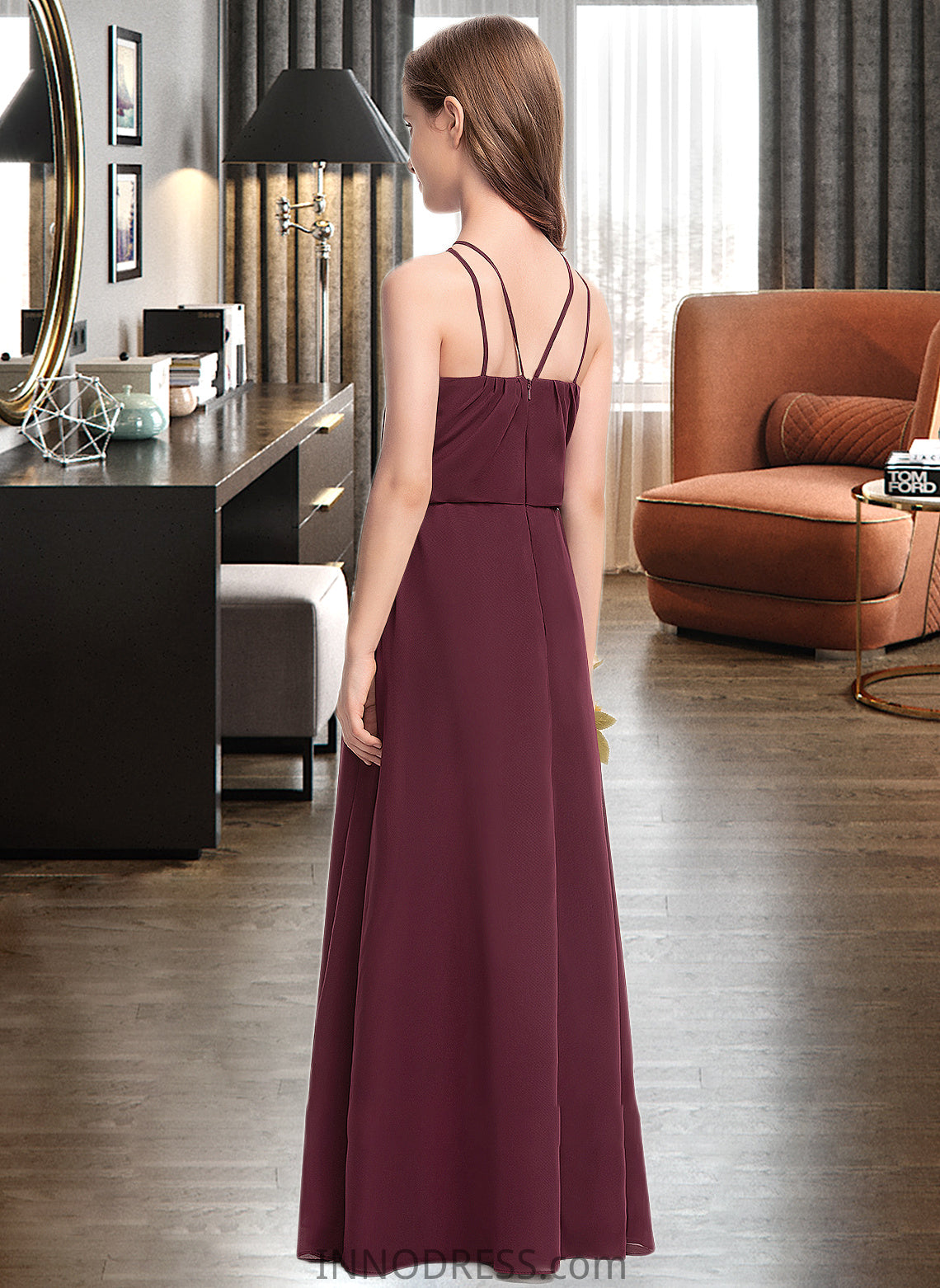 Ada A-Line V-neck Floor-Length Chiffon Junior Bridesmaid Dress DPP0013577