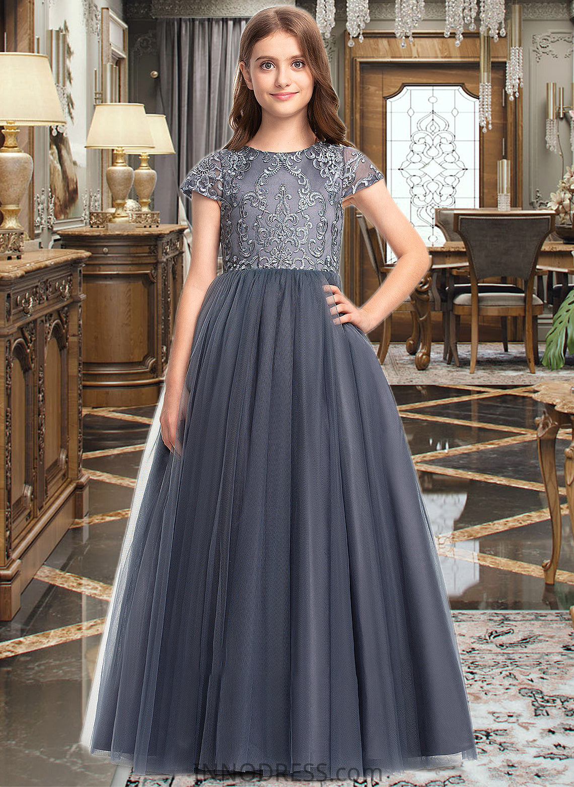 Rihanna Ball-Gown/Princess Scoop Neck Floor-Length Tulle Lace Junior Bridesmaid Dress DPP0013578