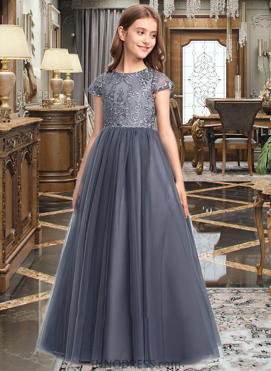 Rihanna Ball-Gown/Princess Scoop Neck Floor-Length Tulle Lace Junior Bridesmaid Dress DPP0013578