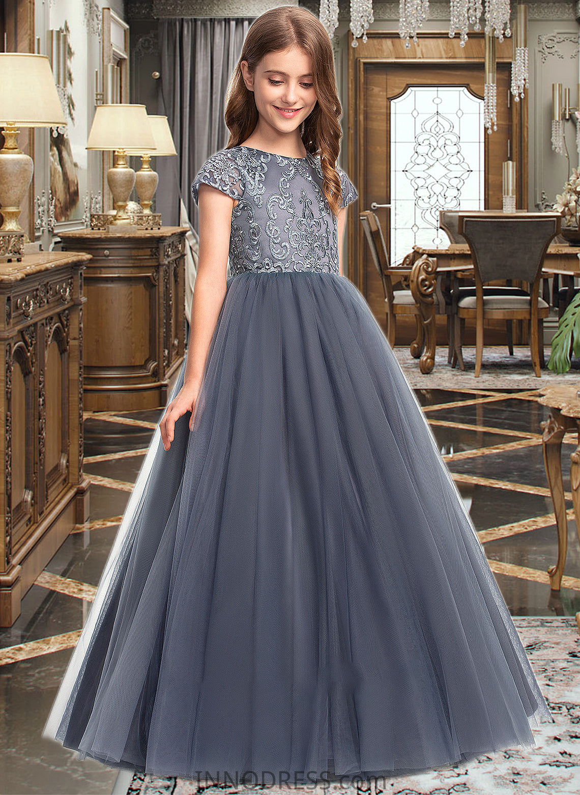 Rihanna Ball-Gown/Princess Scoop Neck Floor-Length Tulle Lace Junior Bridesmaid Dress DPP0013578