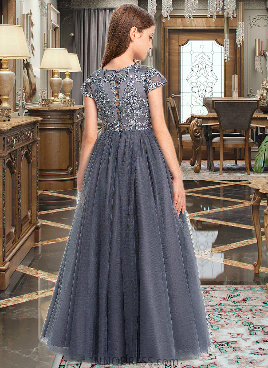 Rihanna Ball-Gown/Princess Scoop Neck Floor-Length Tulle Lace Junior Bridesmaid Dress DPP0013578