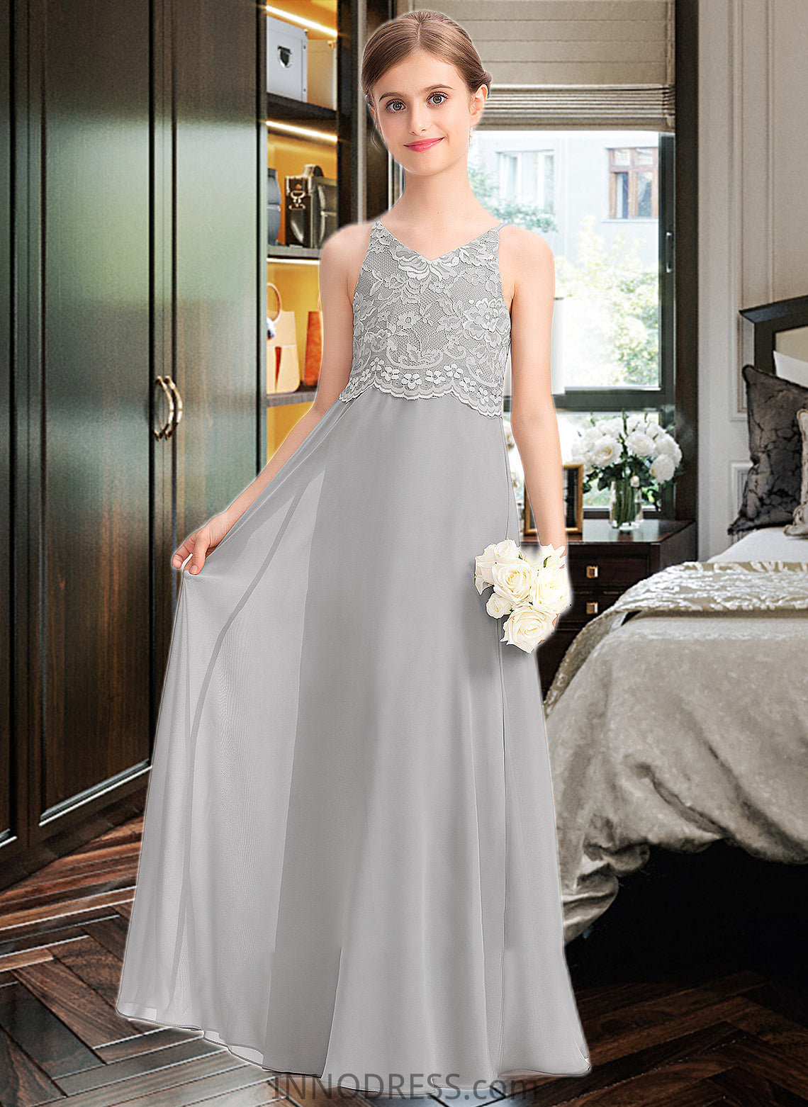 Rachel A-Line V-neck Floor-Length Chiffon Lace Junior Bridesmaid Dress DPP0013579