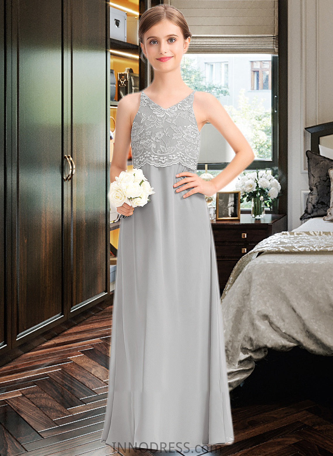 Rachel A-Line V-neck Floor-Length Chiffon Lace Junior Bridesmaid Dress DPP0013579