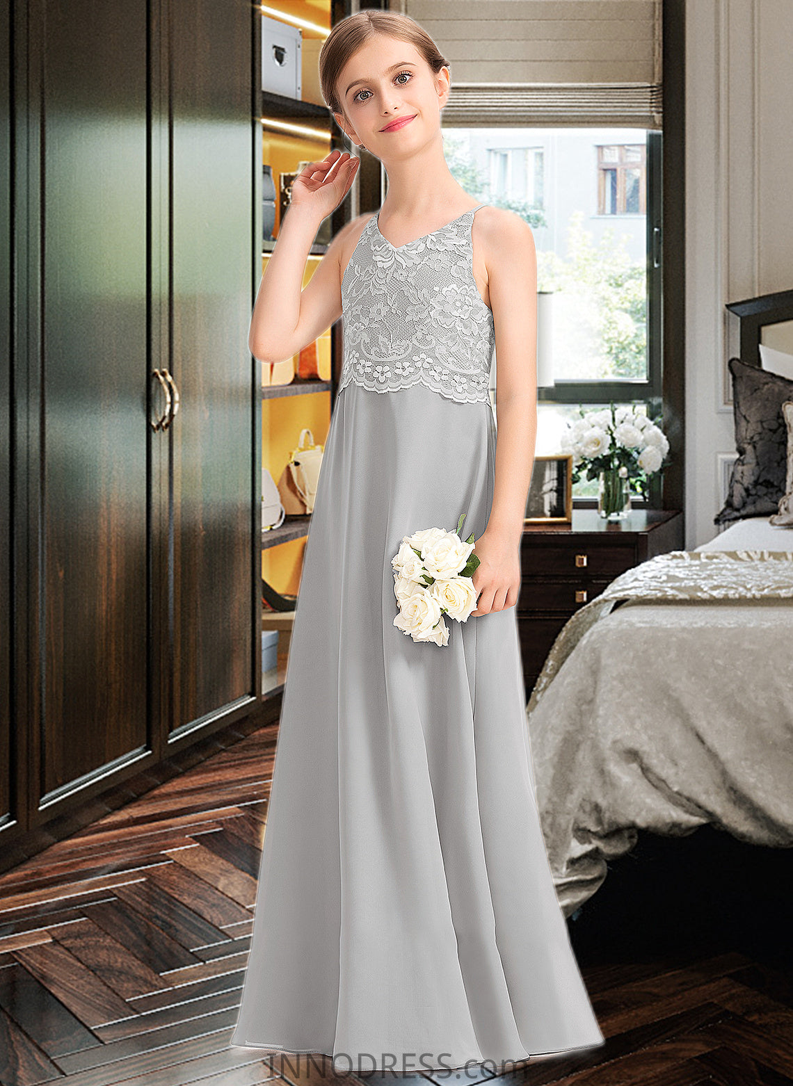 Rachel A-Line V-neck Floor-Length Chiffon Lace Junior Bridesmaid Dress DPP0013579