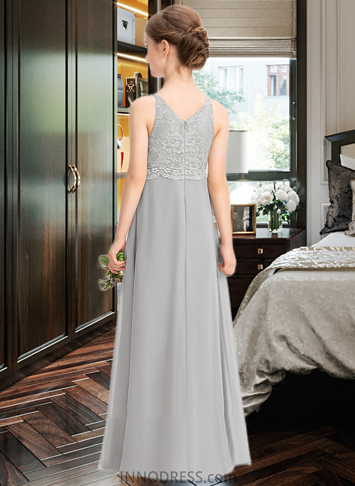 Rachel A-Line V-neck Floor-Length Chiffon Lace Junior Bridesmaid Dress DPP0013579