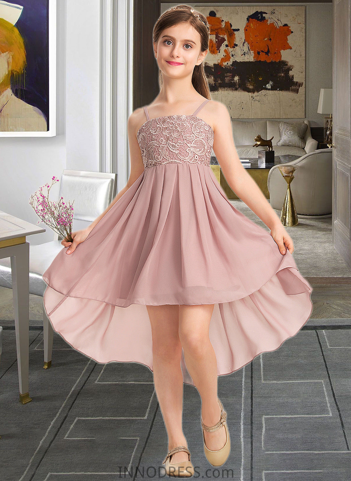 Kimora A-Line Square Neckline Asymmetrical Chiffon Lace Junior Bridesmaid Dress DPP0013580